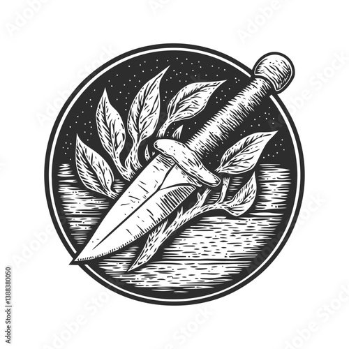 Detailed Hand-Drawn Knife with Leaves in Circular Emblem Style
