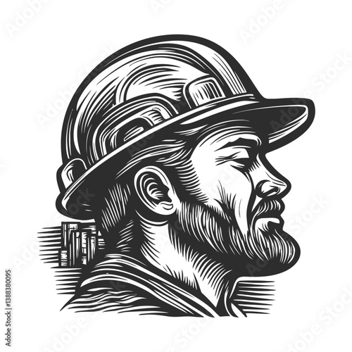 Skilled Craftsman Portrait with Hard Hat and Beard in Profile View