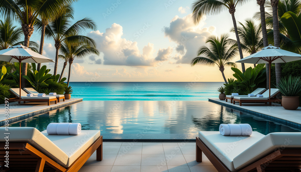 Fototapeta premium A pool with a view of the ocean and palm trees. The pool is surrounded by lounge chairs and umbrellas