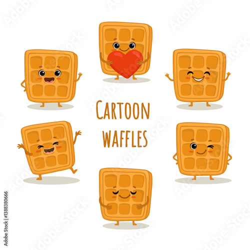 set of cartoon Viennese waffles isolated on whute background. Cute wafer in flat style for card, menu, valentines day. Vector illustration

