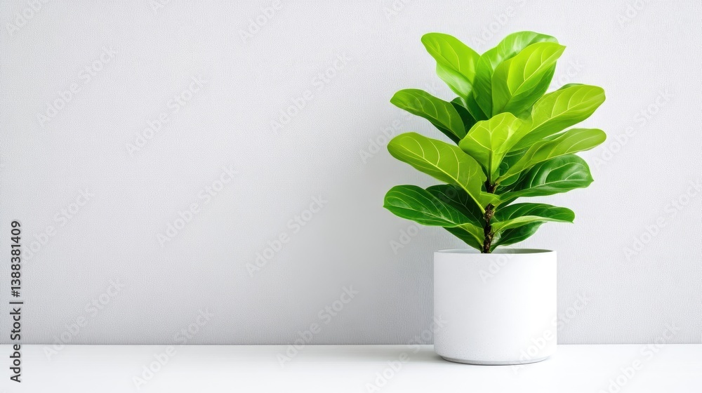Fototapeta premium A lush green potted plant on a white shelf against a minimalist light gray wall, and indoor decor concept with natural lighting.