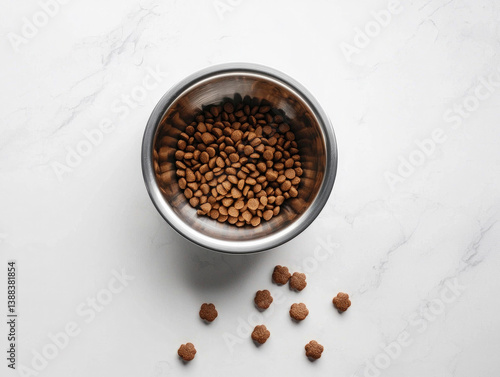 Dog food bowl filled with crunchy kibble and some scraps on the marble floor. Generative AI.