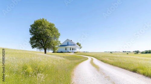 A white farmhouse sits on a grassy hill. A curving gravel road leads to it, past a leafy green tree. The scene is idyllic, captured in high resolution with natural sunlight. The image boasts a peacef