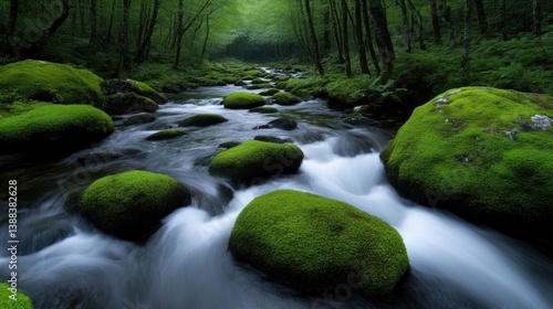 Serene mountain stream flowing amidst mossy rocks in a lush forest
