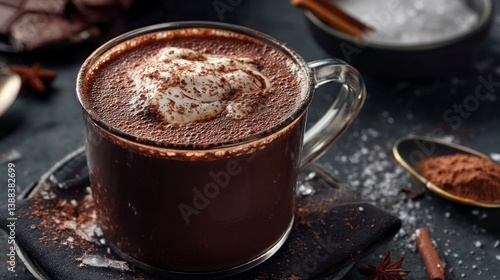 Hot Chocolate in Glass Mug with Whipped Cream and Chocolate Shavings