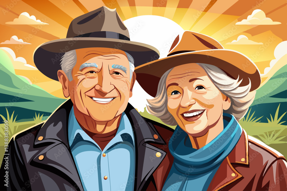 vector of A happy elderly couple in leather jackets and cowboy hats smiling warmly, portraying happiness and contentment against a sunlit background. vector of A happy elderly couple in leather jackets and cowboy hats smiling warmly, portraying happiness and contentment against a sunlit background.