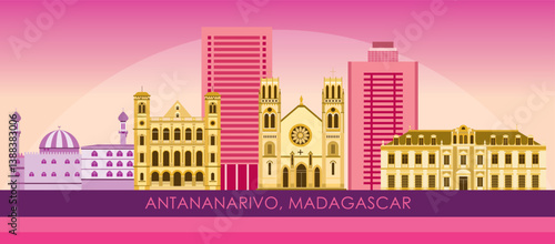 Sunset Skyline panorama of city of Antananarivo, Madagascar - vector illustration