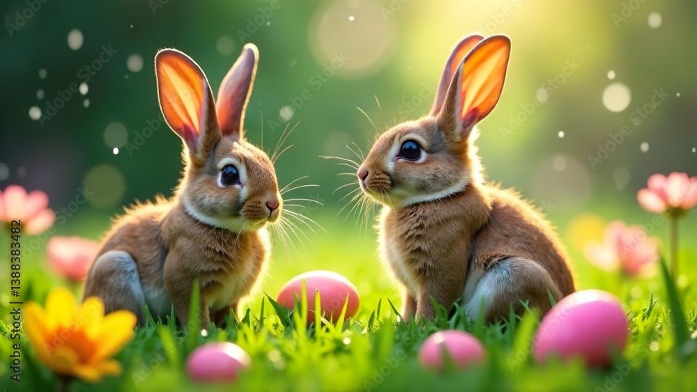 Fototapeta premium Easter card, spring banner 2026, two Easter bunnies sitting in the grass among Easter eggs, illuminated by sunlight