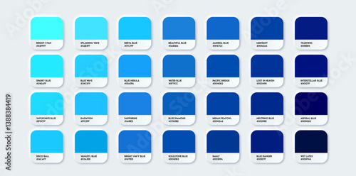 Blue Color Guide Palette with Color Names. Catalog Samples Blue with RGB HEX. Neomorphism Vector