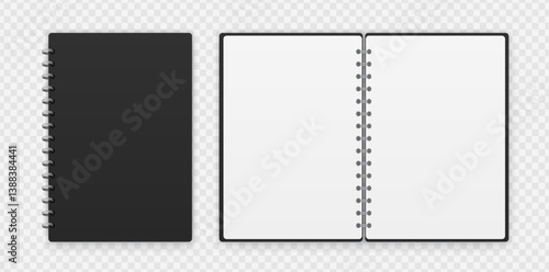 Open and closed black notepad or notebook with spiral. Vector EPS 10