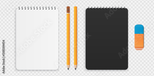 Сlosed black and white notepad or notebook with spiral, pencils and eraser. School writing supplies. Vector illustration