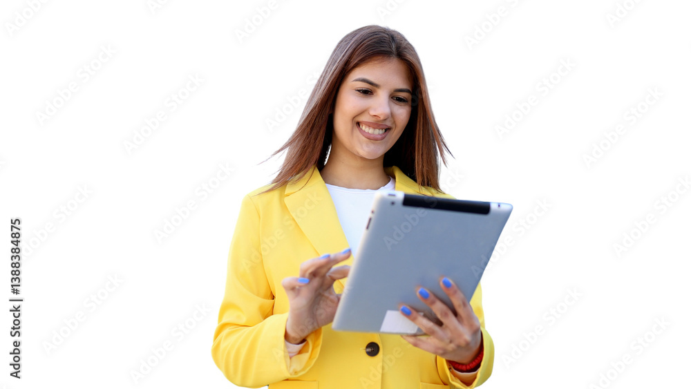 Young businesswoman smiling and using digital tablet, isolated on transparent background Young businesswoman smiling and using digital tablet, isolated on transparent background