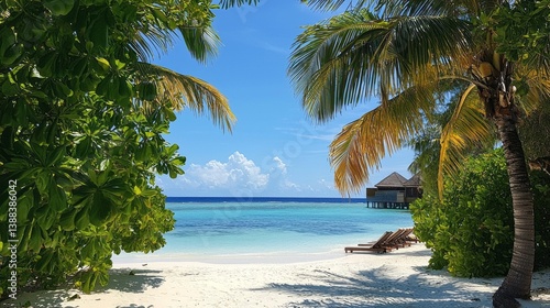 A beautiful beach with palm trees and a clear blue ocean