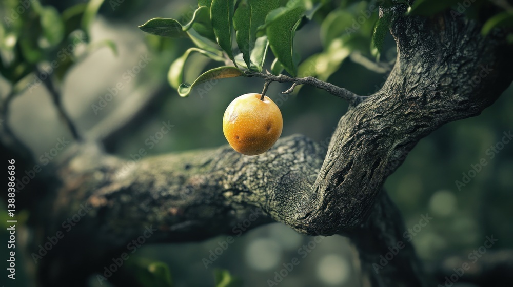 Ripe Orange Hanging on Tree Branch with Leaves and Textured Bark Ripe Orange Hanging on Tree Branch with Leaves and Textured Bark