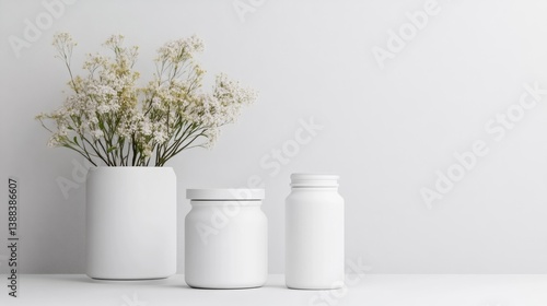 Wallpaper Mural White containers and a vase of flowers sit on a white surface. The arrangement features a tall vase holding delicate white flowers, flanked by two shorter white jars. The image is crisp, well-lit, a Torontodigital.ca