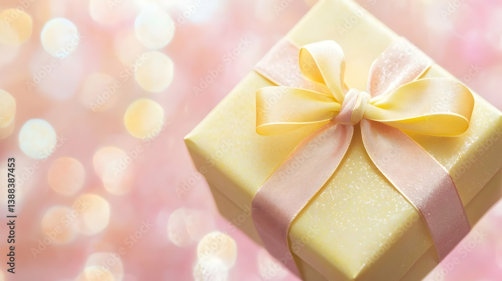 Pastel gift box with ribbon, bokeh background, festive celebration, ideal for holidays Pastel gift box with ribbon, bokeh background, festive celebration, ideal for holidays