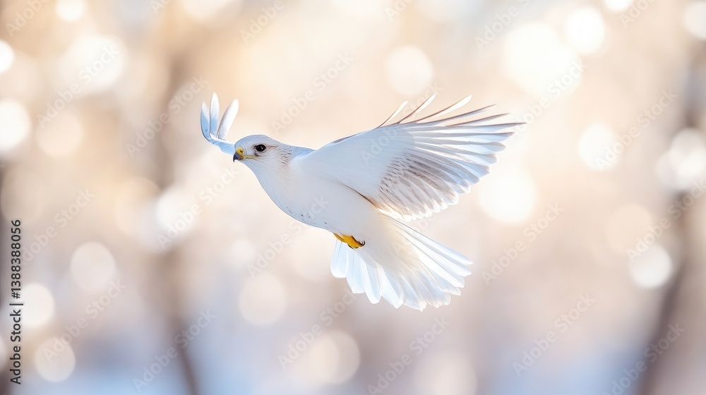 Fototapeta premium A snowy white bird, possibly a falcon, is captured mid-flight. Its wings are outstretched, showcasing delicate feather detail. The background is a soft-focus bokeh of light beige and white, suggestin