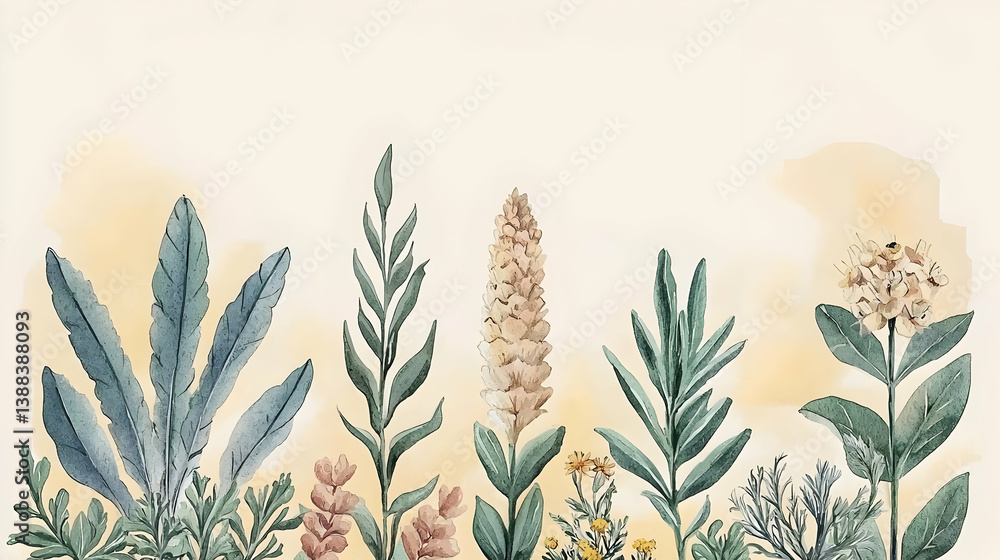Fototapeta premium Watercolor botanical illustration of various plants and flowers on a pale yellow background; ideal for invitations, greeting cards, or website banners