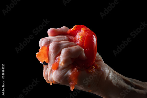Quadro em tela Hand squeezing a dripping tomato in front of a black background.