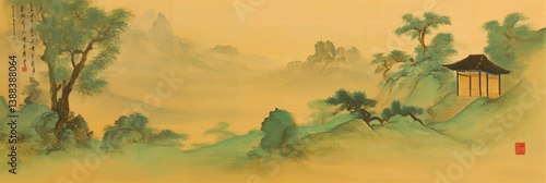 wide panorama banner chinese landscape painting on old vintage paper