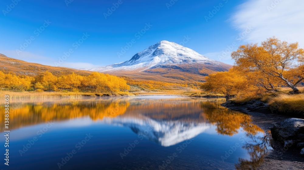 Autumn mountain lake reflecting a snowy peak. Tranquil alpine landscape with vibrant fall foliage mirrored in a calm lake. Snow-capped mountain in the background Autumn mountain lake reflecting a snowy peak. Tranquil alpine landscape with vibrant fall foliage mirrored in a calm lake. Snow-capped mountain in the background