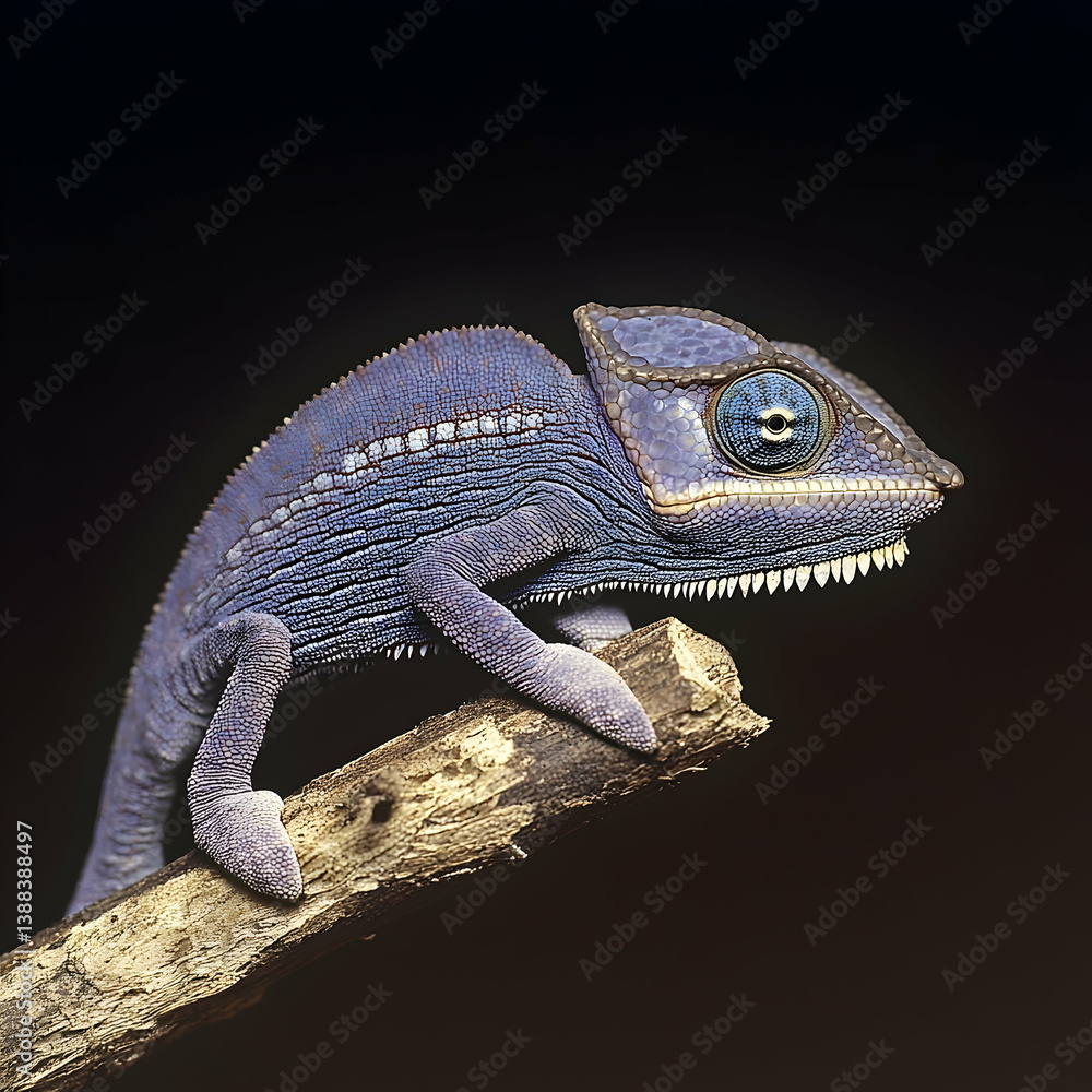 Obraz premium Blue chameleon perched on branch, dark background, wildlife photography, nature documentary