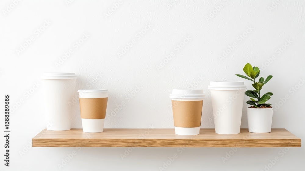 Fototapeta premium Four coffee cups sit on a light wood shelf against a white wall. Two are white, two have brown paper sleeves. A small plant in a white pot is to the right. The image is clean and well-lit. The style