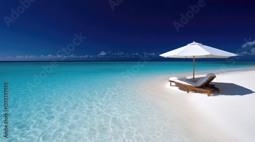 Tropical beach paradise with chaise lounge and umbrella.  Tranquil turquoise water meets pristine white sand.  Perfect for relaxation and vacation