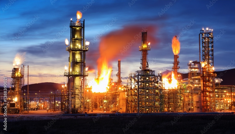 Fototapeta premium industrial gas flares illuminating refined oil processing facility at dusk