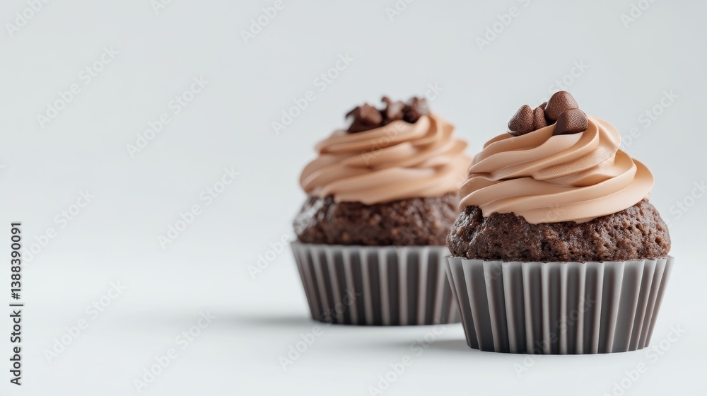 Two chocolate cupcakes with tan frosting and chocolate chips are shown. They sit close together on a white surface. The lighting is soft and even. The image has a clean, simple aesthetic. Warm brown Two chocolate cupcakes with tan frosting and chocolate chips are shown. They sit close together on a white surface. The lighting is soft and even. The image has a clean, simple aesthetic. Warm brown