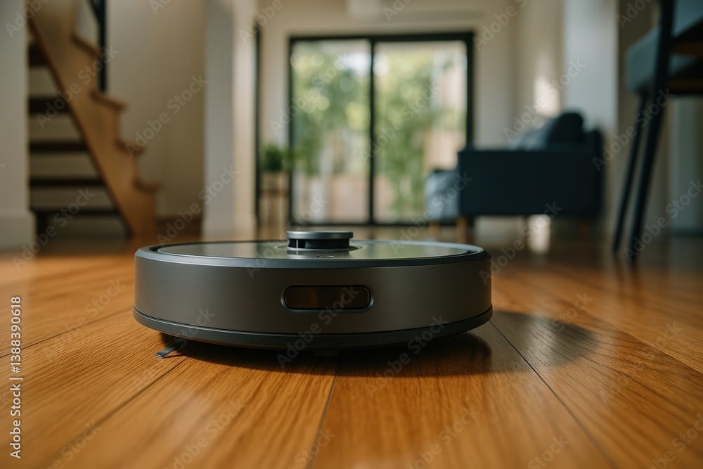 Robot vacuum cleaning hardwood floor in modern interior Robot vacuum cleaning hardwood floor in modern interior