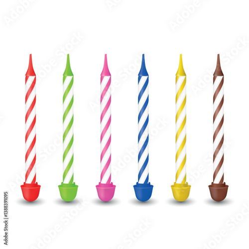Vector Realistic 3D Birthday Cake Candles Set. Unlit Colorful Striped Wax Candles for Party Decoration, Kids Celebration, Birthday Design, Festive Elements, Isolated on White Background