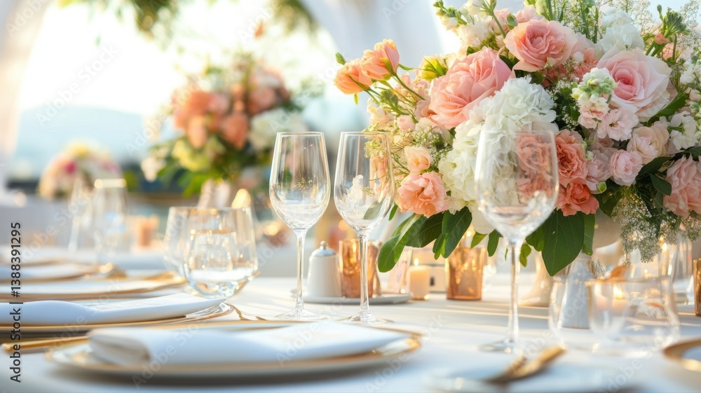Elegant wedding reception table setting with floral decor and candlelight ambiance Generative AI Elegant wedding reception table setting with floral decor and candlelight ambiance Generative AI