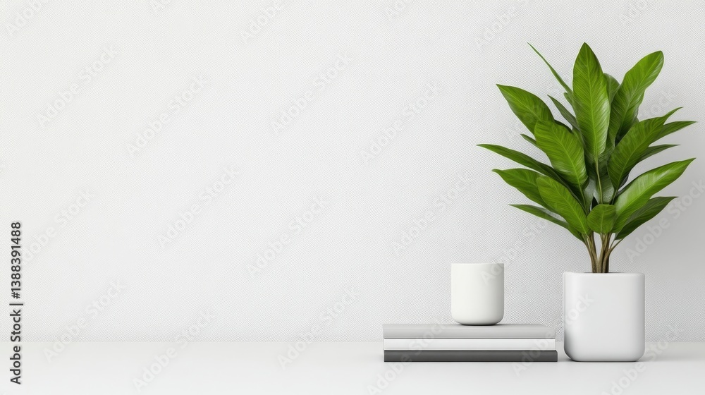 Minimalist, modern, home decor, featuring a potted plant, simple books, and clean design Minimalist, modern, home decor, featuring a potted plant, simple books, and clean design