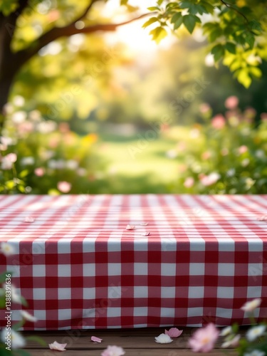 Rustic Picnic: Vibrant Red Checkers Amidst Garden Bliss – Food Products Backgrounds