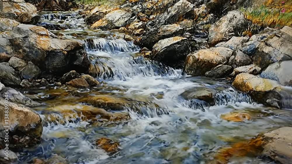 Serene mountain stream cascading over smooth rocks, surrounded by lush green grass and wildflowers Serene mountain stream cascading over smooth rocks, surrounded by lush green grass and wildflowers