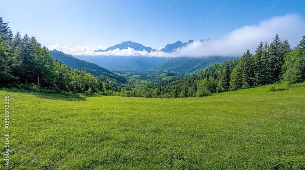 A lush green meadow stretches to a mountain range partially shrouded in clouds. Trees line the meadows edge. The image is high-resolution, with vivid colors and natural lighting. Its serene style evo A lush green meadow stretches to a mountain range partially shrouded in clouds. Trees line the meadows edge. The image is high-resolution, with vivid colors and natural lighting. Its serene style evo