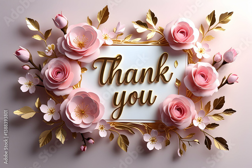 Elegant floral thank you card with 3D paper-cut style. Soft pastel pink roses and cherry blossoms intertwined with gold metallic leaves. Luxurious, delicate typography in gold reading 'Thank you' at t