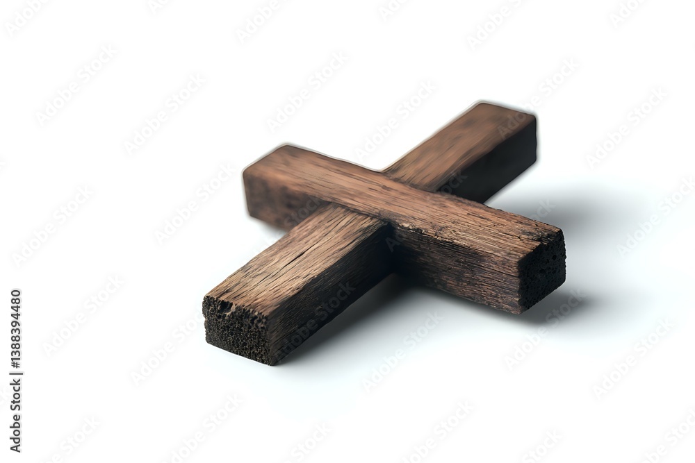 Rustic wooden cross on white background, showing natural wood grain texture and rough surface details. Religious symbol photographed with soft shadow. Rustic wooden cross on white background, showing natural wood grain texture and rough surface details. Religious symbol photographed with soft shadow.