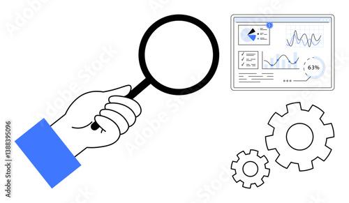 Hand examining data analytics and graphs on a screen with magnifying glass, accompanied by gear icons for productivity and strategy. Ideal for concepts of analysis, focus, research, optimization