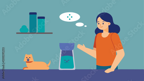 Pet Care A person talking to a smart pet feeder from across the room as animated food portions symbolize the action of feeding their pet.