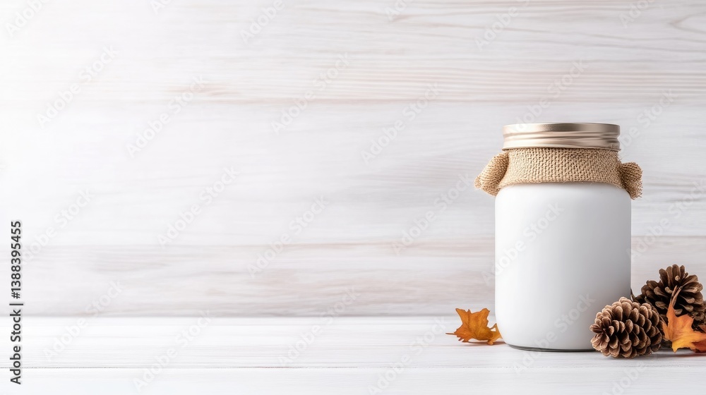 Blank white jar with autumnal accents Blank white jar with autumnal accents