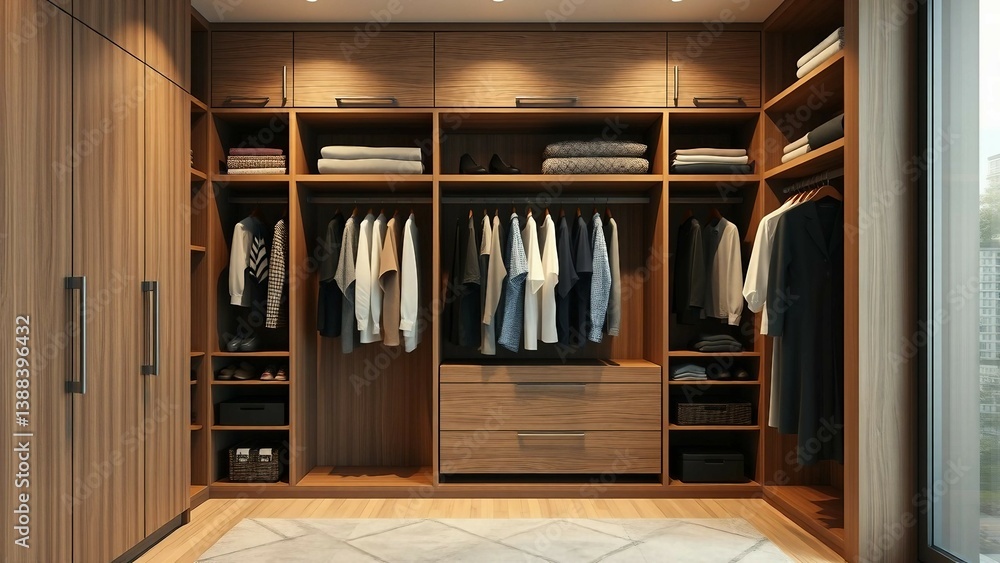 Modern wooden wardrobe with clothes hanging on rail in walk in closet design interior 3D render Modern wooden wardrobe with clothes hanging on rail in walk in closet design interior 3D render