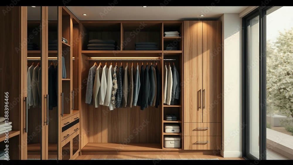 Modern wooden wardrobe with clothes hanging on rail in walk in closet design interior 3D render Modern wooden wardrobe with clothes hanging on rail in walk in closet design interior 3D render