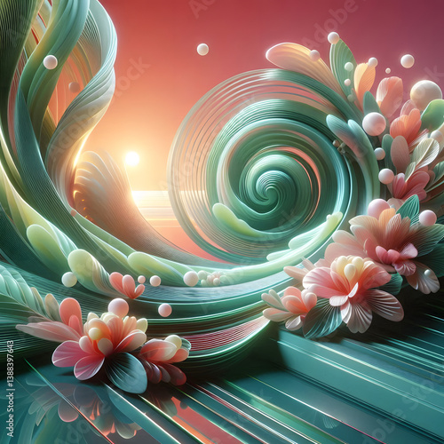 A futuristic spring-inspired abstract composition, swirling patterns of neon green leaves and soft coral flower petals merging into a glossy glass-like surface, reflecting a holographic sunrise, seaml