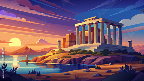 Poseidon temple ruins on Cape Sounio on sunset, Greece