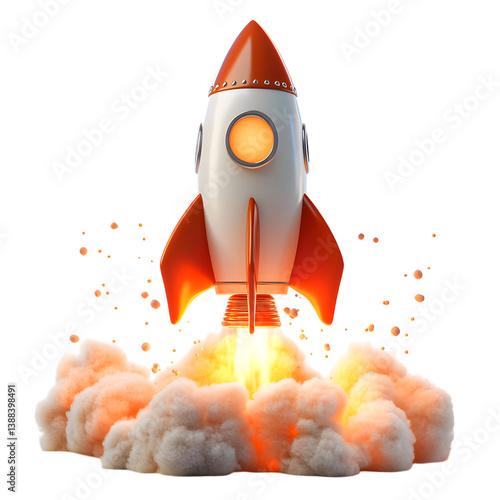 Fluffy 3D Cartoon Rocket Ship with Glowing Flames Isolated on Transparent Background