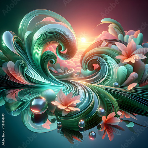 A futuristic spring-inspired abstract composition, swirling patterns of neon green leaves and soft coral flower petals merging into a glossy glass-like surface, reflecting a holographic sunrise, seaml