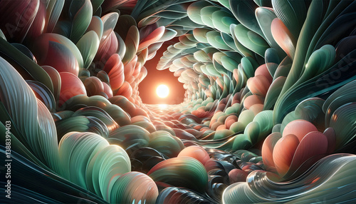 A futuristic spring-inspired abstract composition, swirling patterns of neon green leaves and soft coral flower petals merging into a glossy glass-like surface, reflecting a holographic sunrise, seaml