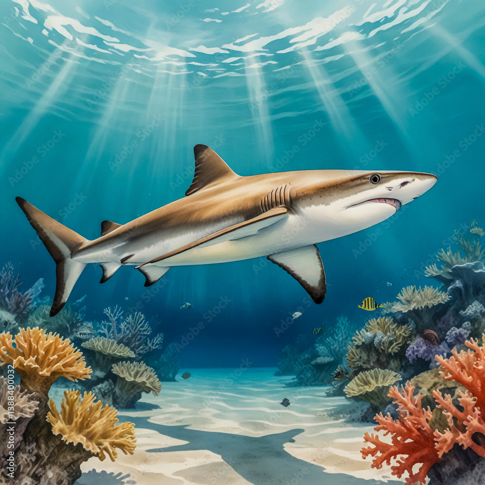 Obraz premium Watercolor Illustration of a Blacktip Reef Shark in the Turquoise Waters of the Maldives